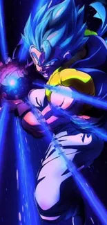 A blue-haired anime warrior unleashing powerful blue energy beams.