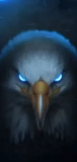 Fierce eagle with blue eyes in a shadowy setting.