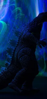 Godzilla silhouette in front of vibrant blue and green light display.