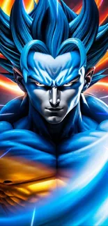 Epic blue-haired fighter with swirling energy in vibrant colors.