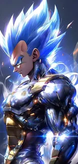 Epic blue-haired warrior with armor in vibrant anime style.