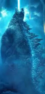 Colossal blue monster illuminated in a dramatic sci-fi scene.