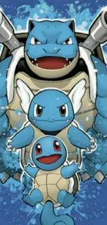 Blue turtle trio artwork in dynamic pose on mobile wallpaper.