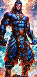 Epic blue warrior in vibrant mythical artwork.