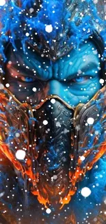 Epic blue warrior with fiery and icy elements wallpaper.