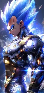 Epic anime warrior with glowing blue energy and futuristic armor.