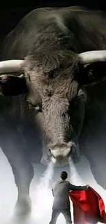 Majestic bull facing matador with red cape in dramatic pose.