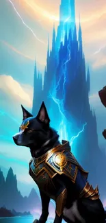 Majestic armored dog in a fantasy landscape with blue skies and mountains.