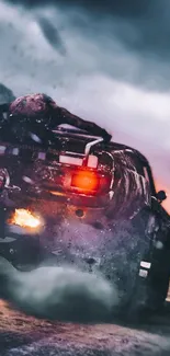 A thrilling car speeds through a dusty road in a stormy setting, adventure awaits.