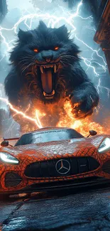 Red car chased by beast in lightning storm.