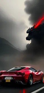 Red sports car vs monster in epic wallpaper.