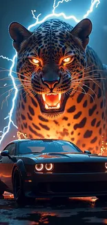 Leopard with lightning and sleek car in dynamic artwork.