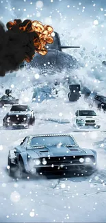 High-speed car chase on icy terrain mobile wallpaper.