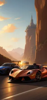 Epic car race in scenic canyon with sunset backdrop.