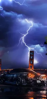 Car under a lightning-filled sky with a lit bridge backdrop.