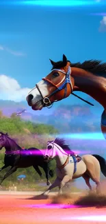 Animated horses racing in a vibrant cartoon scene.