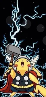 Epic cartoon character wielding hammer with lightning on black background.