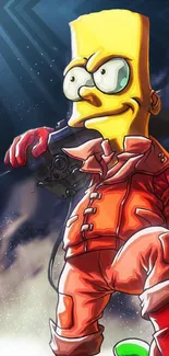 Cartoon character in a red suit with a heroic pose, on a vibrant background.