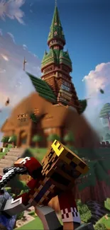 Minecraft-style animated castle under a vibrant blue sky in fantasy landscape.