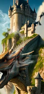 Fantasy wallpaper with dragon and castle in vibrant greenery.