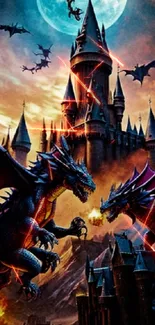 Epic dragon battle in front of a mystical castle under the moon.