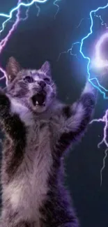 Cat raising paws amid vivid lightning on dark night background.