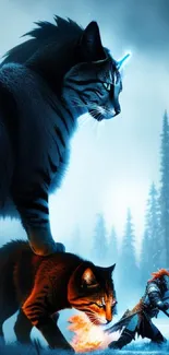 Epic fantasy scene of giant cat and warrior in a mystical forest.