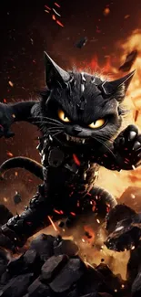 Epic black cat warrior in fiery action scene on mobile wallpaper.