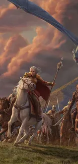 Epic fantasy scene with dragon and cavalry at sunset.