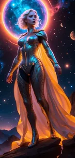 Futuristic heroine in cosmic setting with vibrant colors.