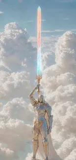 Celestial warrior holds glowing sword amid clouds.