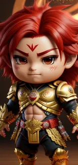 Chibi warrior with red hair and golden armor, in an epic fantasy setting.