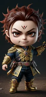 Epic chibi fantasy warrior with gold armor on dark background.