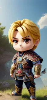 Chibi warrior with golden hair and armor in a mystical landscape.