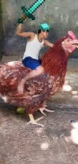 A whimsical scene of a person riding a chicken with a pixelated sword.