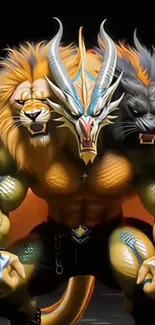 Epic fantasy chimera with lion, dragon, and wolf heads.