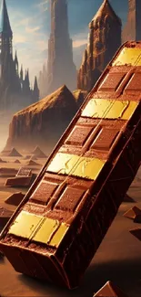 Chocolate bar on mystical mountain landscape wallpaper.