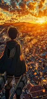 Anime figure overlooks city at sunset with glowing sky.