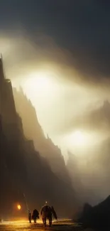 Epic cliffside scene with adventurers in golden mist.