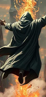 Cloaked figure surrounded by flames in cityscape.