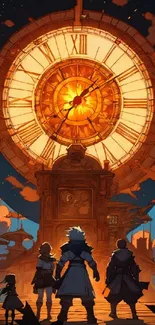 Silhouetted adventurers under a glowing, mystical clock in fantasy art.