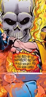 Comic-style flaming skull wallpaper with intense colors and action.