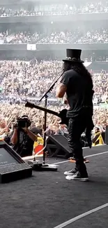 Musician performing on stage with a huge crowd in view.