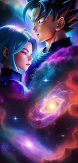 Anime characters in a cosmic galaxy scene.