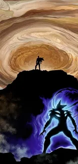 Epic cosmic-themed mobile wallpaper with silhouetted hero and swirling earthy sky.