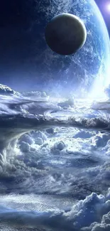 Stunning space scene with clouds and planets in a cosmic wallpaper design.