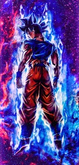 Anime fighter with cosmic blue energy background.