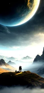 Epic cosmic wallpaper with planet over mountains.