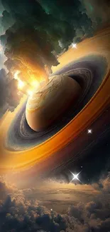 Vibrant cosmic mobile wallpaper featuring Saturn with clouds and golden hues.