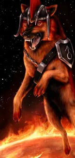 Epic wolf warrior in cosmic fiery scene.